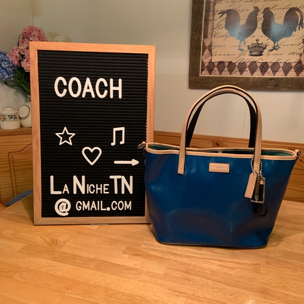 Coach Park Metro Patent Teal & Tan Tote F26731